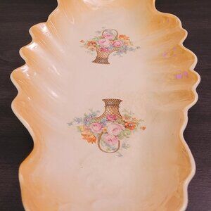 Wellsville China Ohio Scalloped Dish Tray w/Hand Painted Flowers in Baskets RARE
